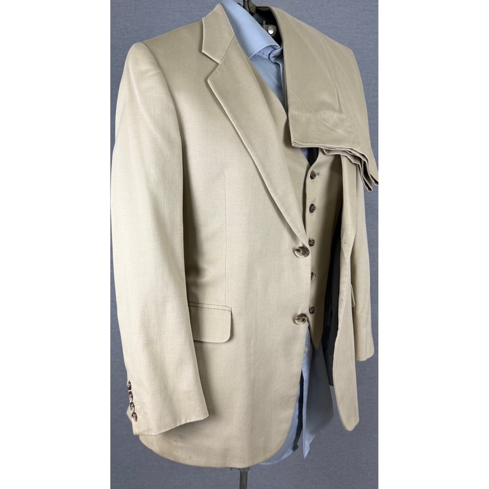 Vintage 70s Bespoke Tan 3 Piece Suit Flared Trousers 36R 30x31 Retro Formal